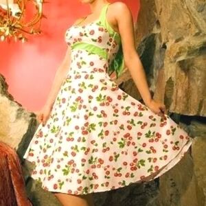Cherry Print White Halter Dress #1280